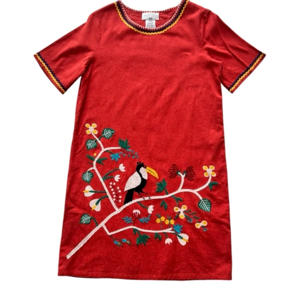Anthropologie Corey Lynn Calter Toucan jungle red Embroidered Dress Sz Small - Picture 3 of 8